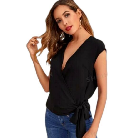 SHEIN Sleeveless Black Side Tie Wrap Blouse Shirt Size X-LARGE - Picture 2 of 5